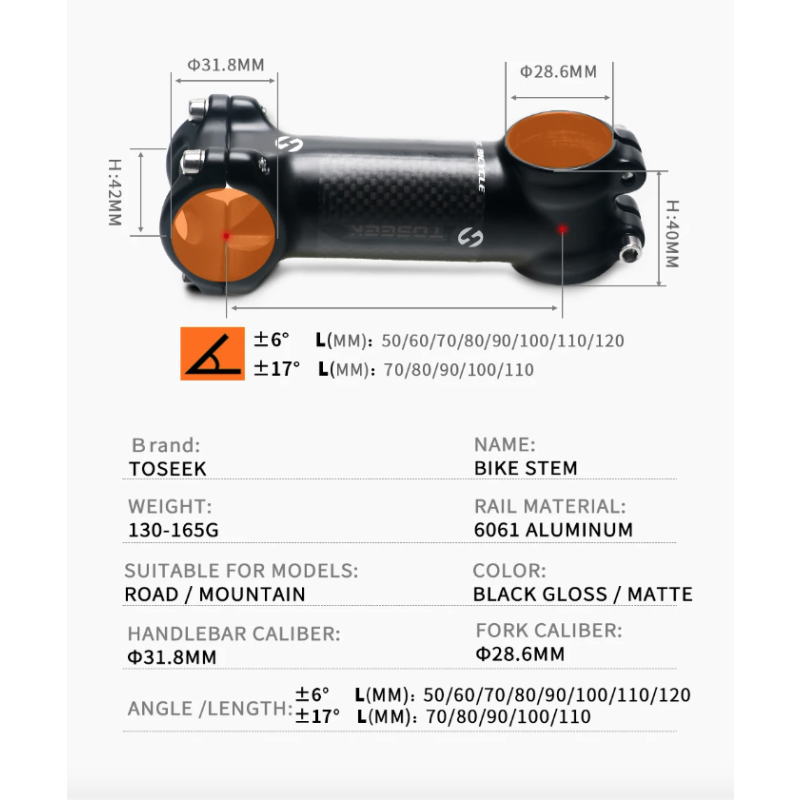 TOSEEK MTB Představec Řídítek 28.6/31.8mm Hliník/Karbon – Lehký & Odolný pro Cyklistické Nadšence