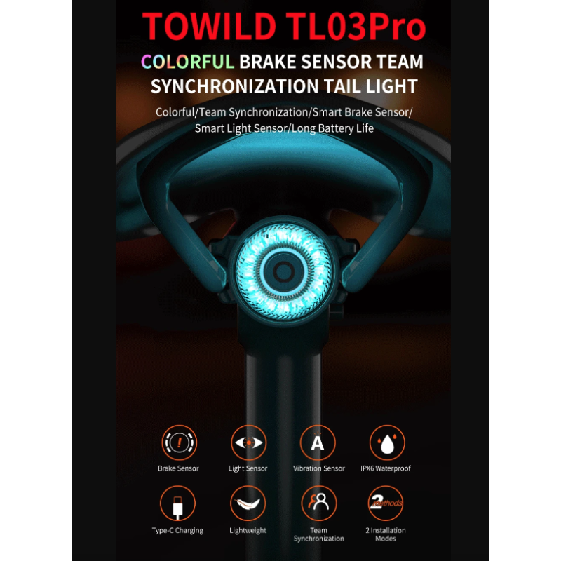 TOWILD TL03Pro LED Zadní Světlo na Kolo - Dobíjecí Bezpečnostní Světlo s Brzdovým Senzorem a 7 Barvami