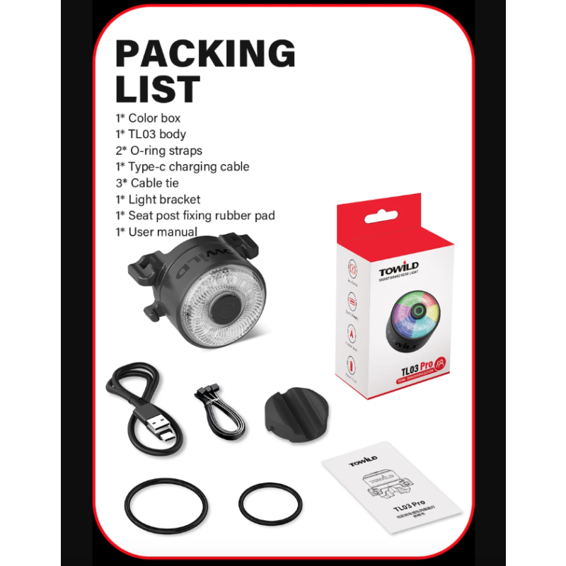 TOWILD TL03Pro LED Zadní Světlo na Kolo - Dobíjecí Bezpečnostní Světlo s Brzdovým Senzorem a 7 Barvami