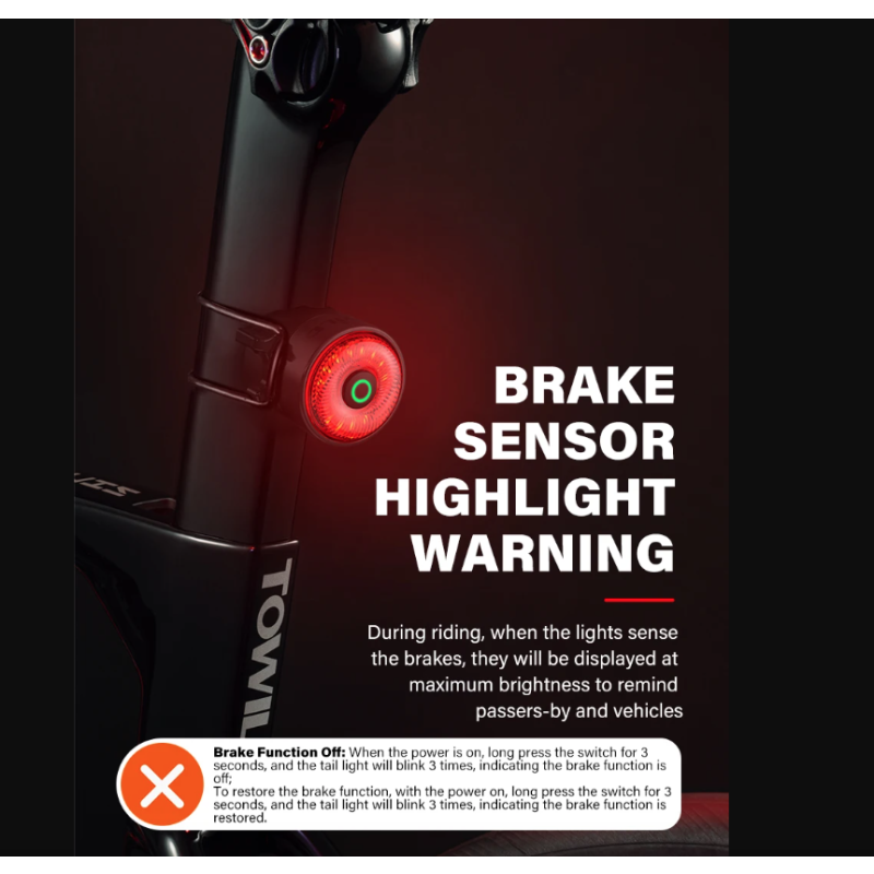 TOWILD TL03Pro LED Zadní Světlo na Kolo - Dobíjecí Bezpečnostní Světlo s Brzdovým Senzorem a 7 Barvami