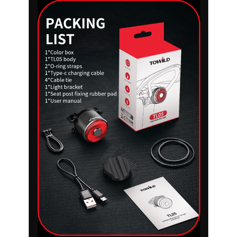 TOWILD TL05 Chytré Zadní Světlo na Kolo s Brzdovým Snímáním | IPX6 Vodotěsné | USB Nabíjení | Bezpečnostní Světlo