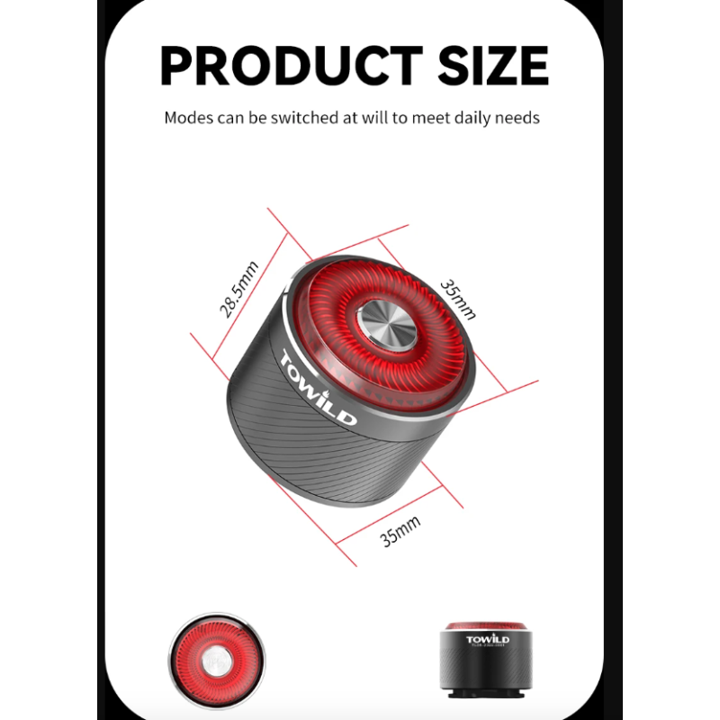 TOWILD TL05 Chytré Zadní Světlo na Kolo s Brzdovým Snímáním | IPX6 Vodotěsné | USB Nabíjení | Bezpečnostní Světlo