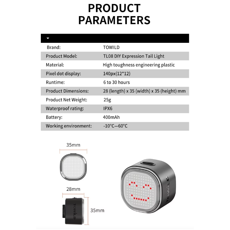 TOWILD TL08 Kolo LED Zadní Světlo USB-C Dobíjecí. Plnobarevné Vzory s Brzdovým Senzorem pro Bezpečnost Cyklistiky. IPX6 Viditelnost