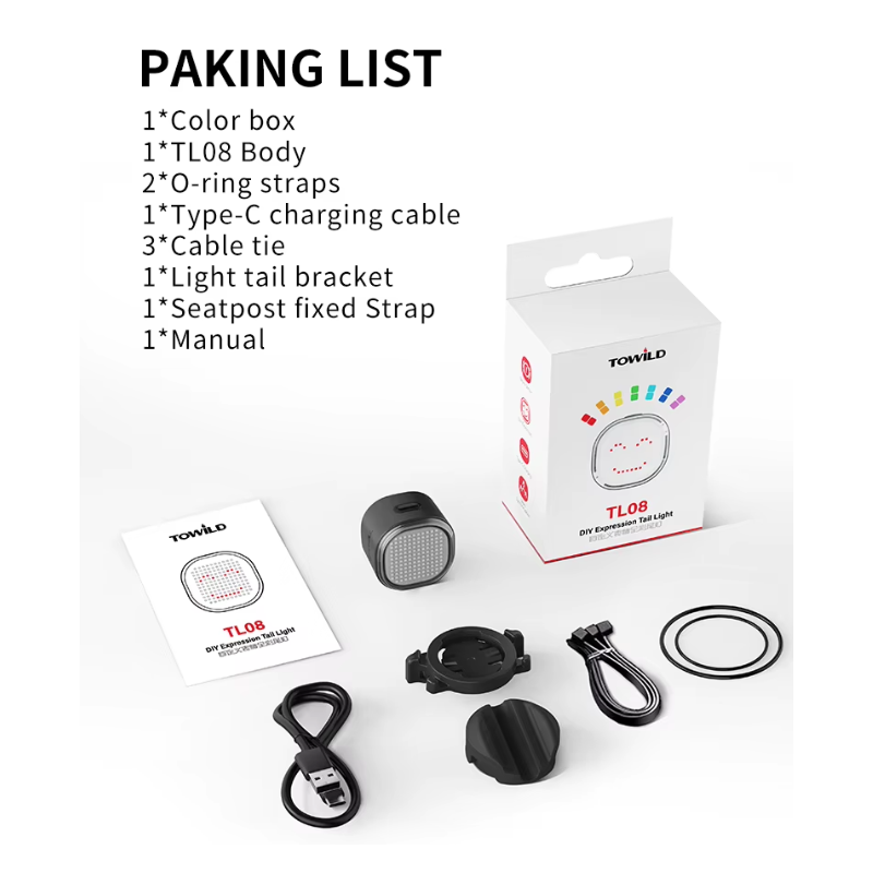 TOWILD TL08 Kolo LED Zadní Světlo USB-C Dobíjecí. Plnobarevné Vzory s Brzdovým Senzorem pro Bezpečnost Cyklistiky. IPX6 Viditelnost