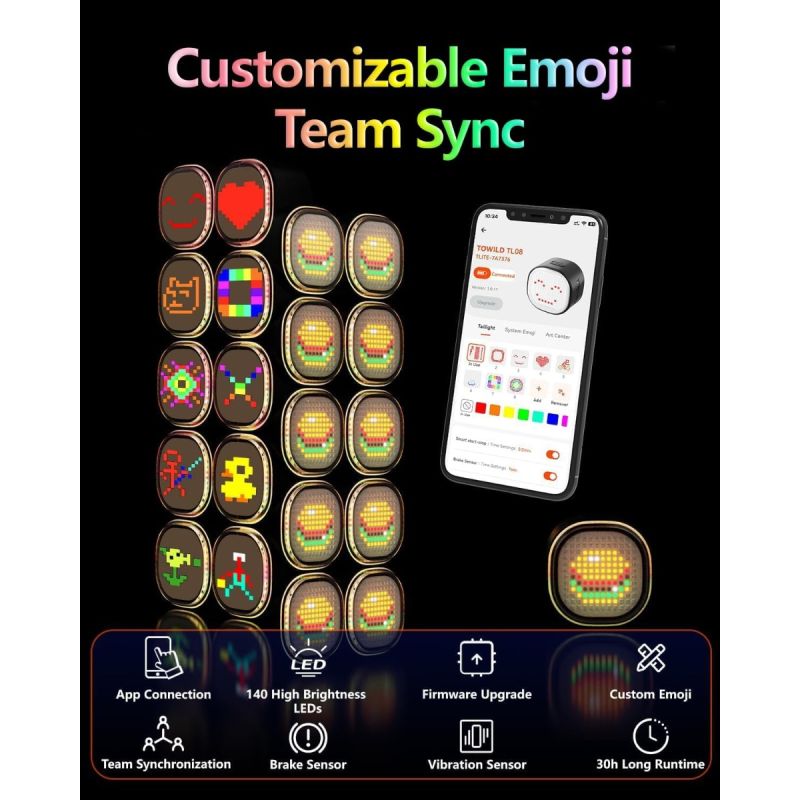 TOWILD TL08 Kolo LED Zadní Světlo USB-C Dobíjecí. Plnobarevné Vzory s Brzdovým Senzorem pro Bezpečnost Cyklistiky. IPX6 Viditelnost