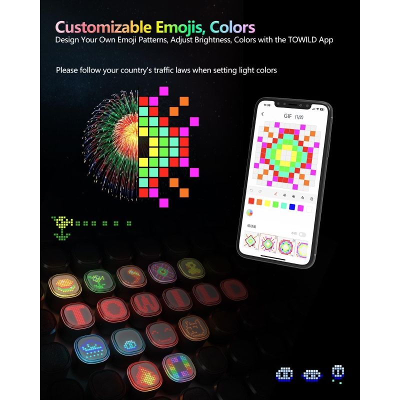 TOWILD TL08 Kolo LED Zadní Světlo USB-C Dobíjecí. Plnobarevné Vzory s Brzdovým Senzorem pro Bezpečnost Cyklistiky. IPX6 Viditelnost