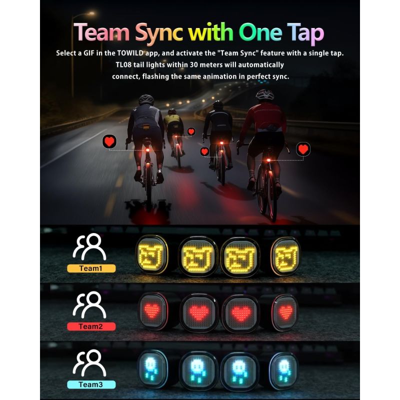 TOWILD TL08 Kolo LED Zadní Světlo USB-C Dobíjecí. Plnobarevné Vzory s Brzdovým Senzorem pro Bezpečnost Cyklistiky. IPX6 Viditelnost