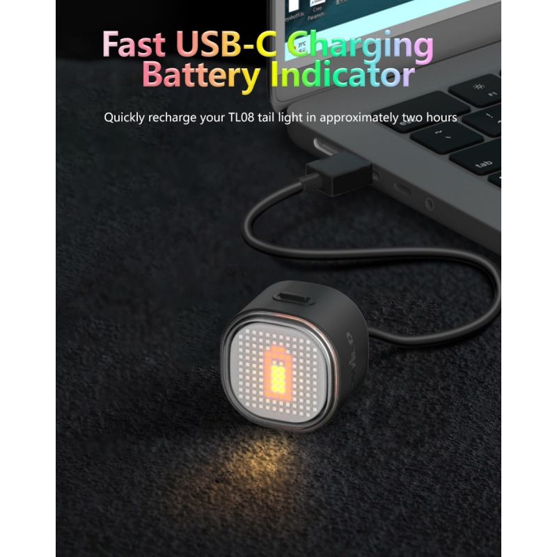 TOWILD TL08 Kolo LED Zadní Světlo USB-C Dobíjecí. Plnobarevné Vzory s Brzdovým Senzorem pro Bezpečnost Cyklistiky. IPX6 Viditelnost