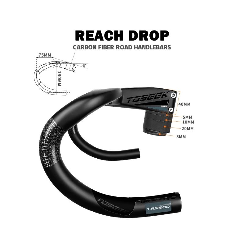 TOSEEK TR5500 Celokarbonový Představec, Matná Černá 28.6mm Řídítka pro Silniční Kolo, Ultralehké Cyklistické Díly