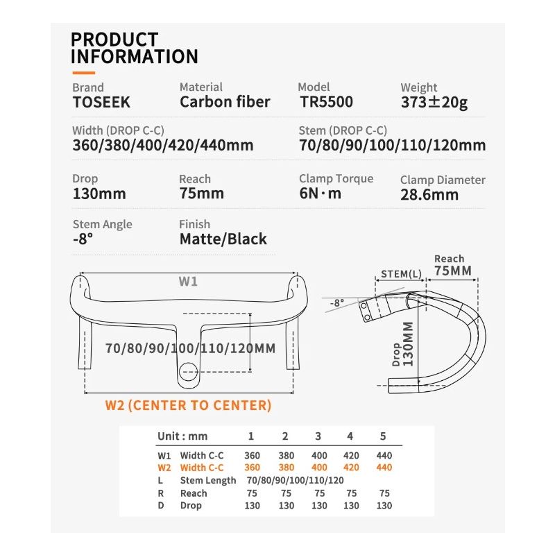 TOSEEK TR5500 Celokarbonový Představec, Matná Černá 28.6mm Řídítka pro Silniční Kolo, Ultralehké Cyklistické Díly