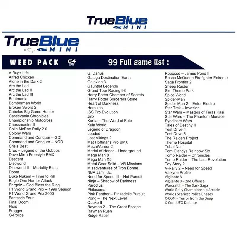 True Blue Mini Crackhead Pack 32G/64G pro PS ONE MINI: Plug & Play Klasické Hry s Nostalgií a Snadnou Instalací!