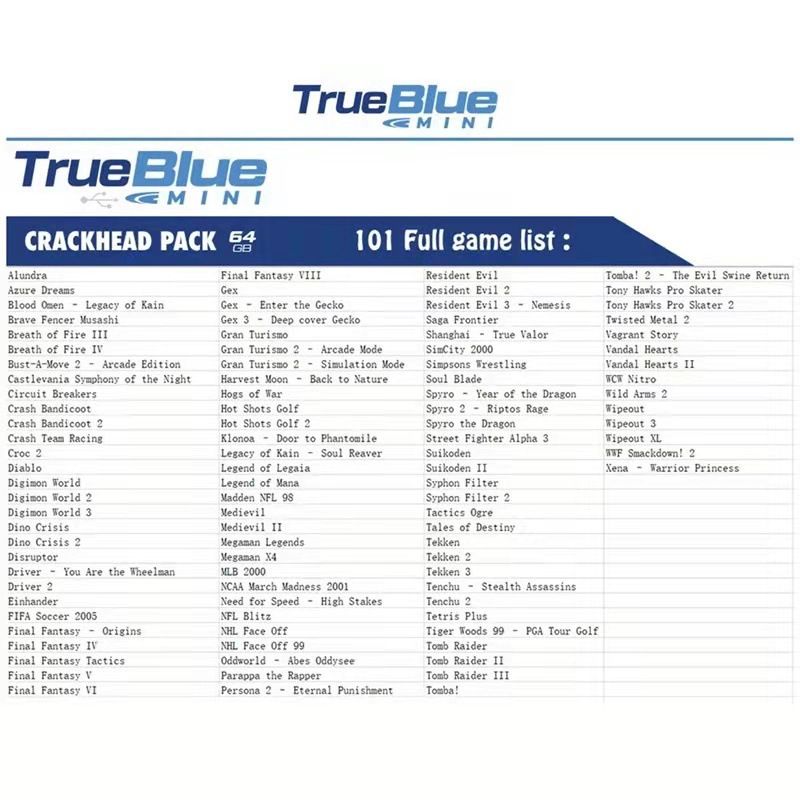 True Blue Mini Crackhead Pack 32G/64G pro PS ONE MINI: Plug & Play Klasické Hry s Nostalgií a Snadnou Instalací!