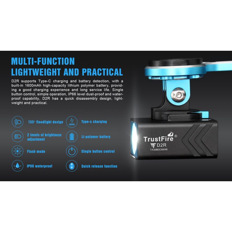 TrustFire D2R čelní cyklistická svítilna 450LM, dobíjecí Typ C, IP66, lehká, bezpečnost pro cyklistiku a horskou cyklistiku