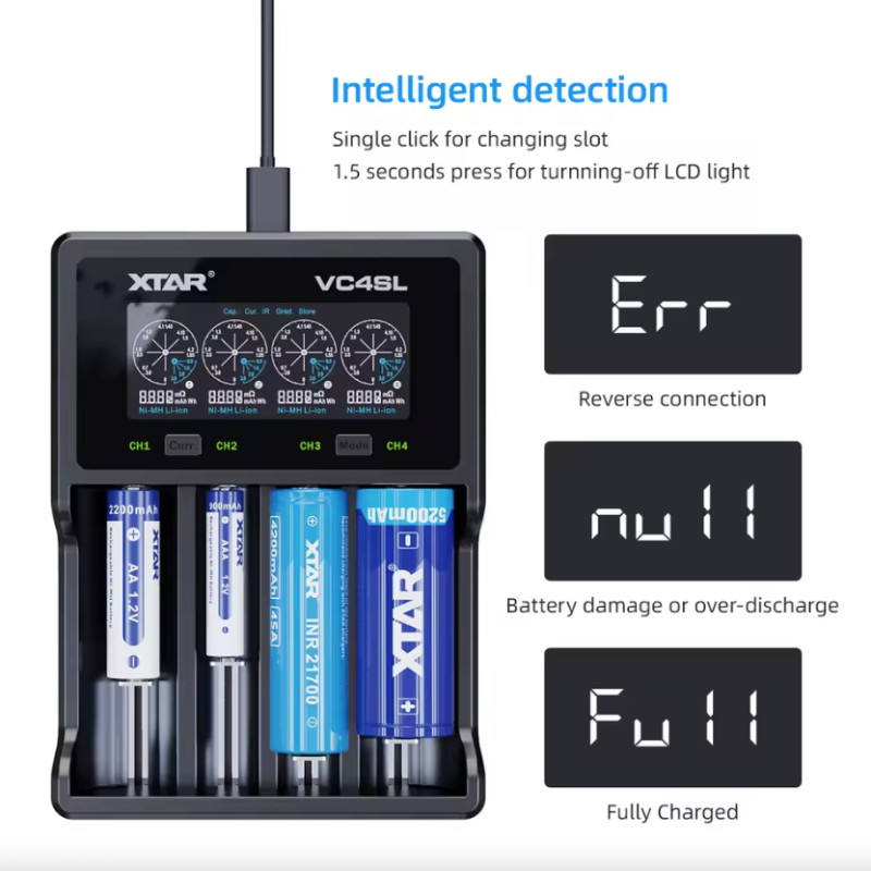 XTAR VC4SL Nabíječka Baterií 18650 21700 USB C s QC3.0 Rychlé Nabíjení a Řízení Energie