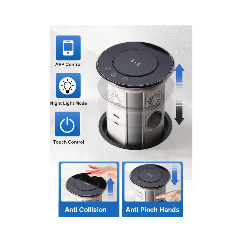 VENSTPOW Skrytá Motorizovaná Výsuvná Zásuvka s Bezdrátovým USB Nabíjením | Elegantní Řešení pro Domácí Kancelář