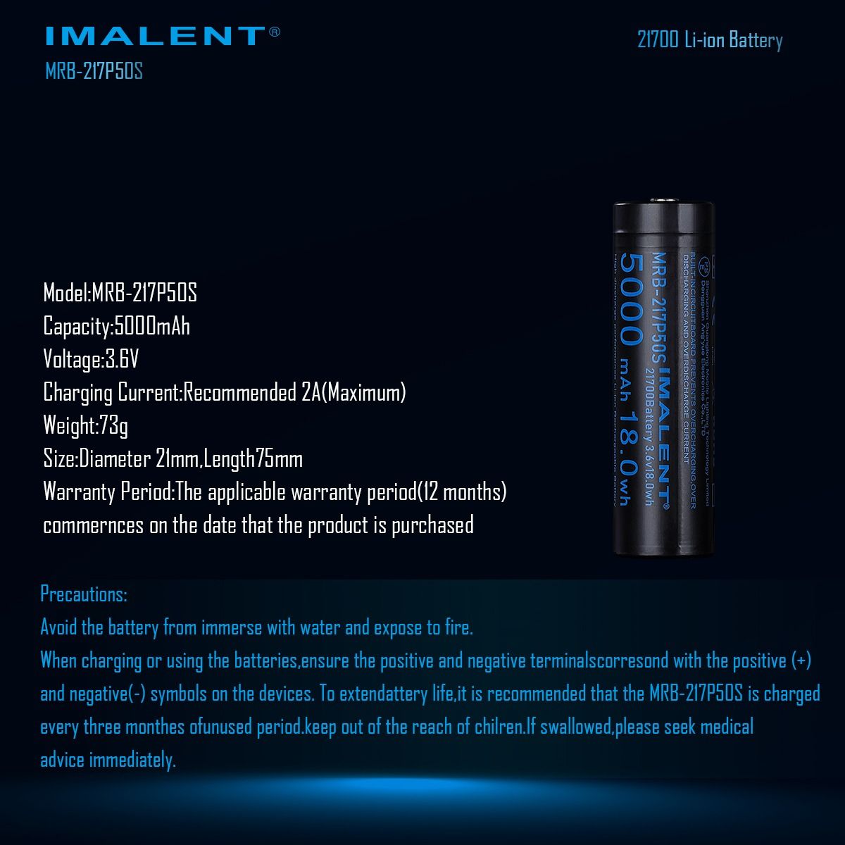 IMALENT MRB-217P50S: Vysokokapacitní dobíjecí Li-ion 21700 5000mAh pro LED svítilny.