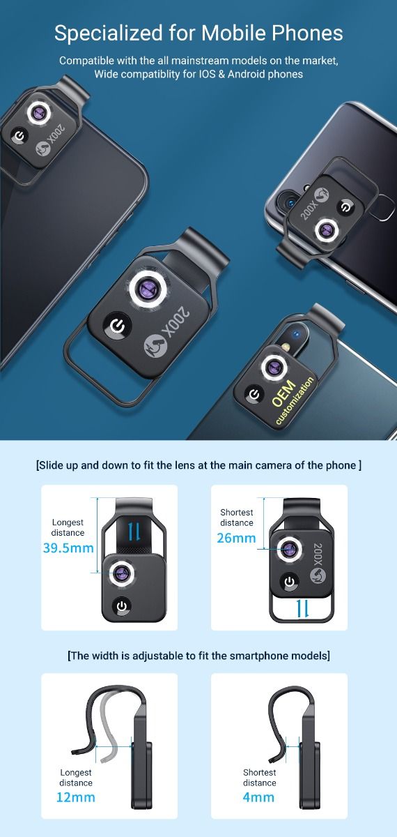 APEXEL 200x Zvětšení Objem Objektivu s CPL LED Světlem pro iPhone/Samsung – Přenosný Mikroskop pro Detailní Makro Foto