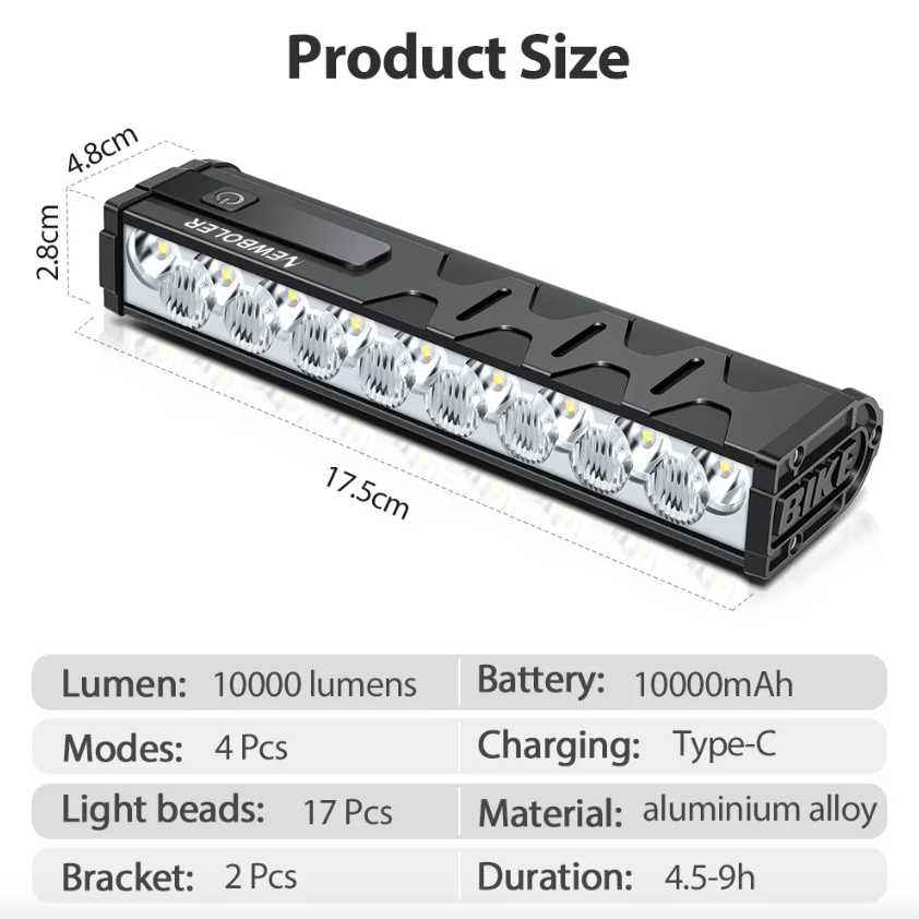 NITEBEAM 10000 lumenů ultra-jasné přední světlo na kolo, vodotěsné, nabíjení přes USB, pro bezpečnost na MTB a silniční cyklistiku