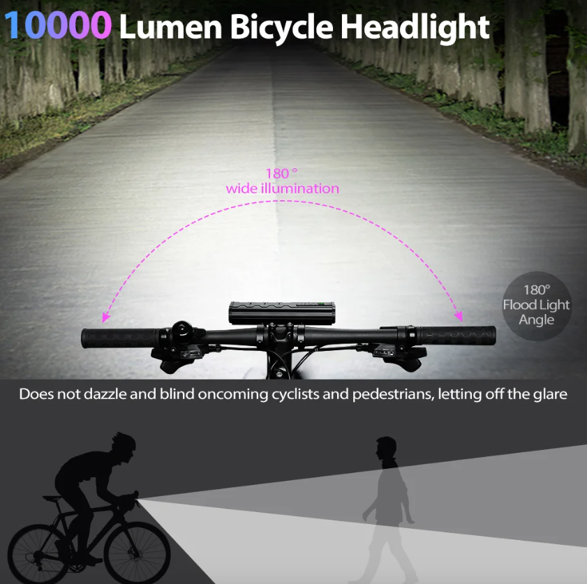NITEBEAM 10000 lumenů ultra-jasné přední světlo na kolo, vodotěsné, nabíjení přes USB, pro bezpečnost na MTB a silniční cyklistiku