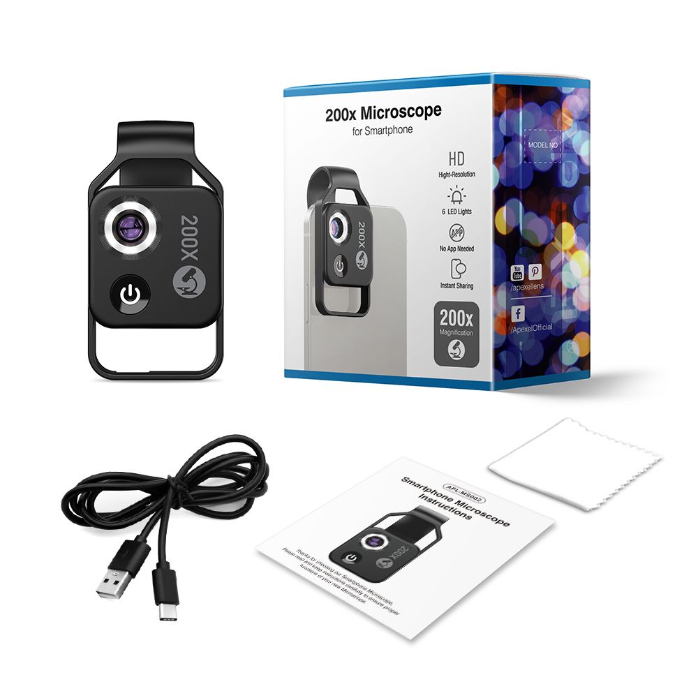 APEXEL 200x Zvětšení Objem Objektivu s CPL LED Světlem pro iPhone/Samsung – Přenosný Mikroskop pro Detailní Makro Foto