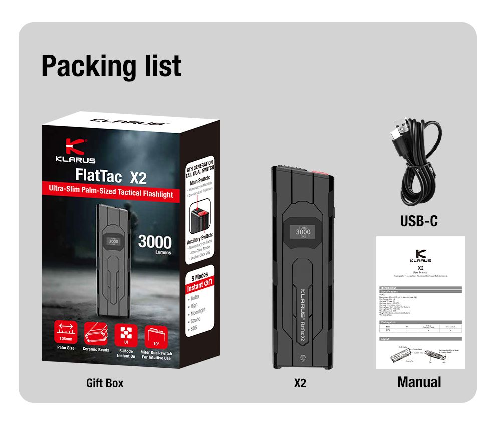 Klarus X2: Ultratenká 3000lm EDC svítilna, USB-C nabíjecí, kompaktní a výkonná kapesní taktická baterka!