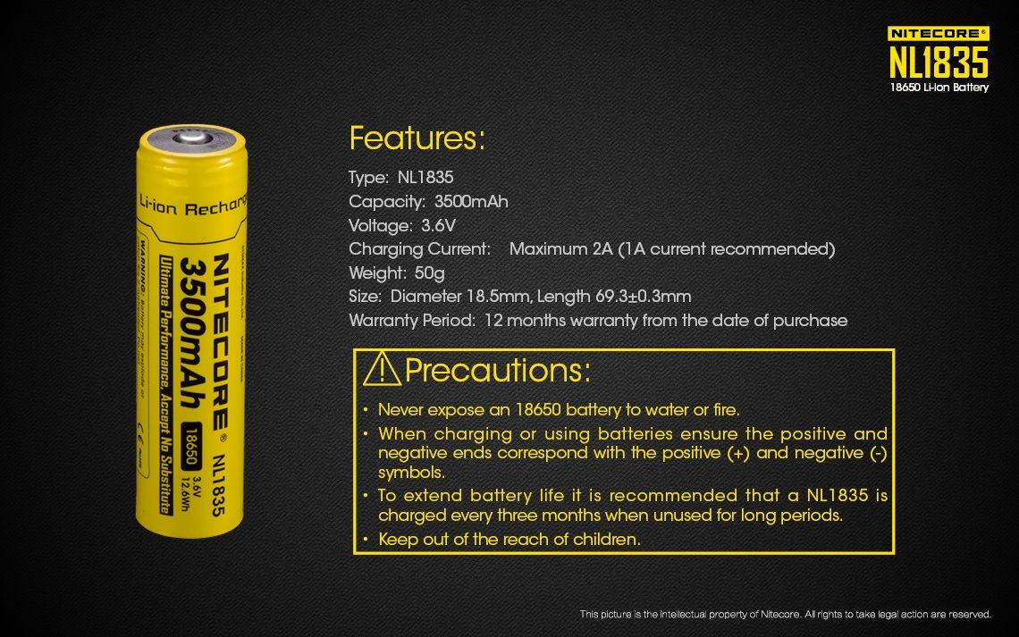 Nitecore 18650 NL1835 3500mAh Li-ion dobíjecí baterie pro dlouhotrvající výkon a spolehlivý výkon