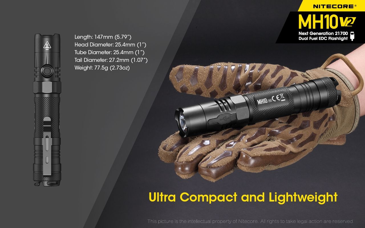NITECORE MH10 V2 LED svítilna 1000 lumenů USB-C. Kompaktní, spolehlivá pro venkovní osvětlení.