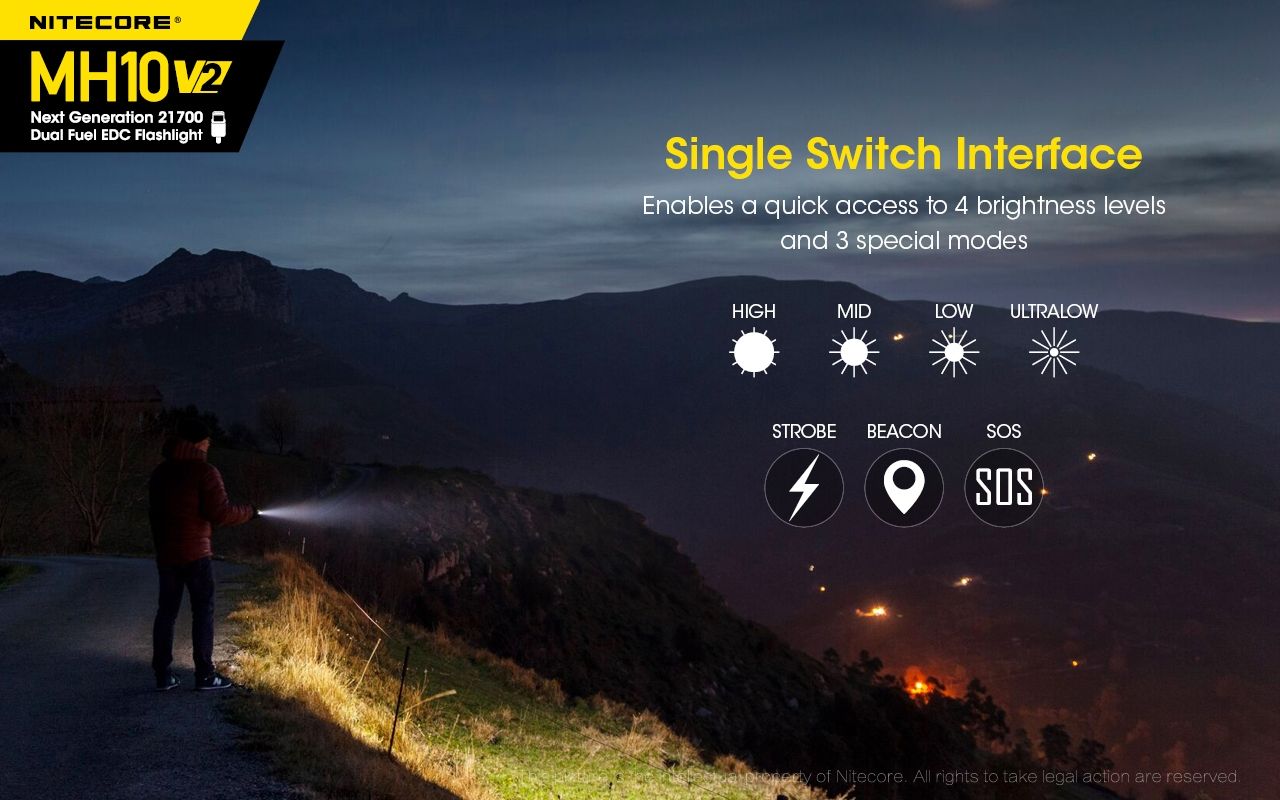 NITECORE MH10 V2 LED svítilna 1000 lumenů USB-C. Kompaktní, spolehlivá pro venkovní osvětlení.
