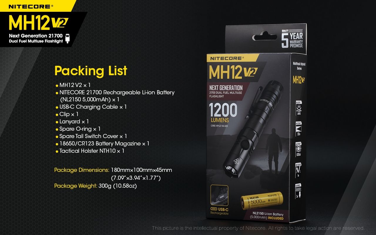 Nitecore MH12 V2 XP-L2 V6 LED svítilna 1200 lumenů – Silný paprsek, 21700 baterie pro venkovní osvětlení!