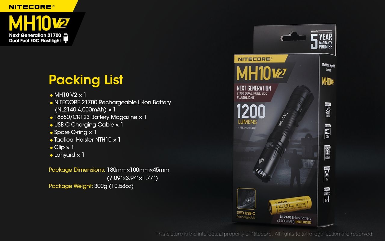 NITECORE MH10 V2 LED svítilna 1000 lumenů USB-C. Kompaktní, spolehlivá pro venkovní osvětlení.