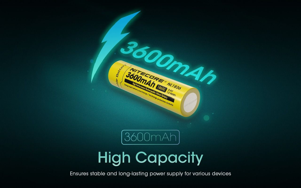 Nitecore NL1836 3600mAh Li-ion dobíjecí baterie pro svítilnu/čelovku, chráněná 3.6V
