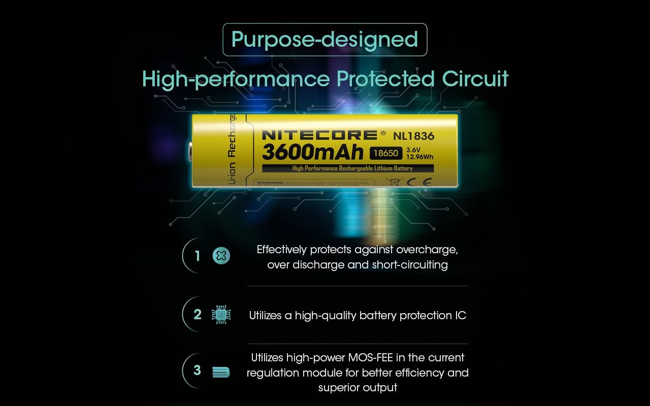 Nitecore NL1836 3600mAh Li-ion dobíjecí baterie pro svítilnu/čelovku, chráněná 3.6V