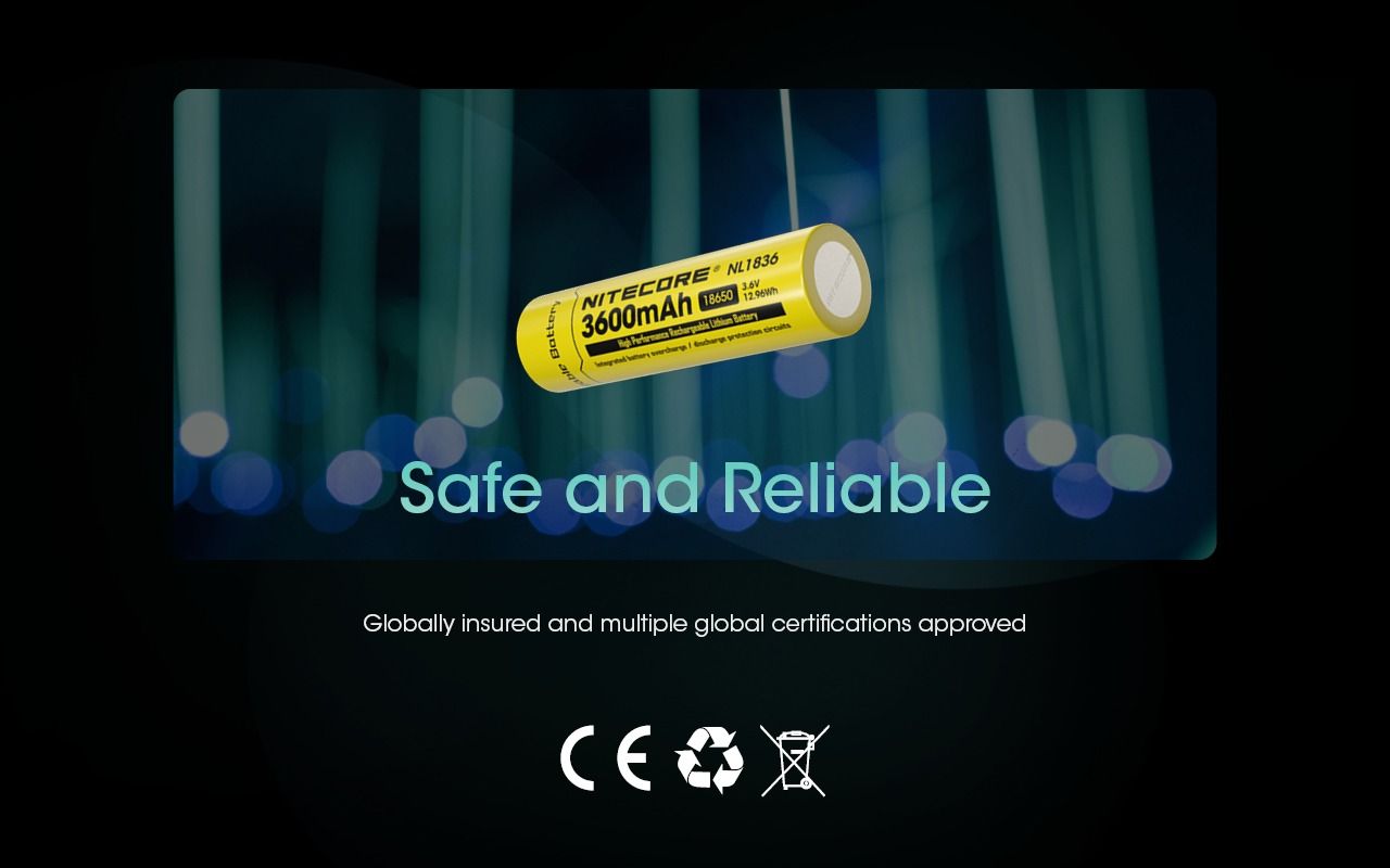 Nitecore NL1836 3600mAh Li-ion dobíjecí baterie pro svítilnu/čelovku, chráněná 3.6V