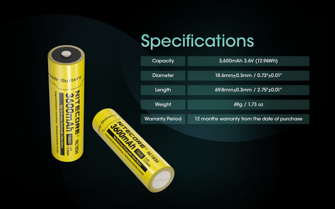 Nitecore NL1836 3600mAh Li-ion dobíjecí baterie pro svítilnu/čelovku, chráněná 3.6V
