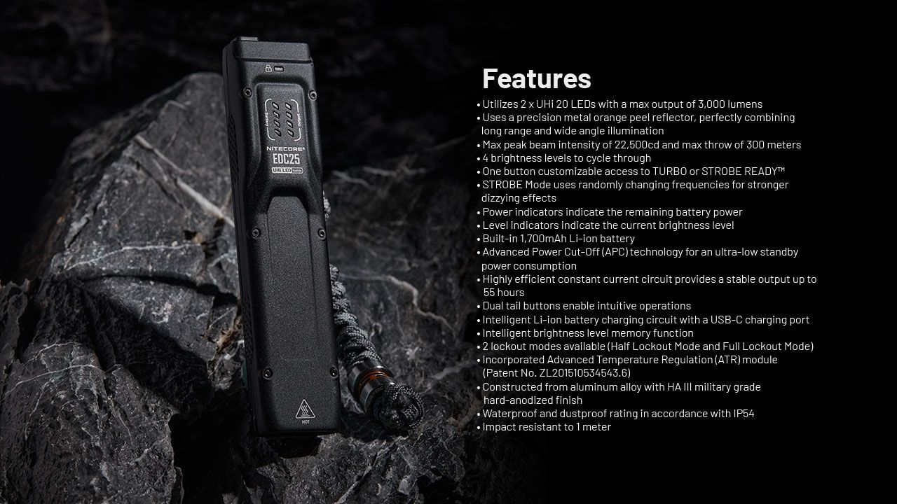 Nitecore EDC25 Kompaktní 3000 Lumen USB-C Svítilna Všestranná Venkovní Vysoký Lumen EDC Svítilna