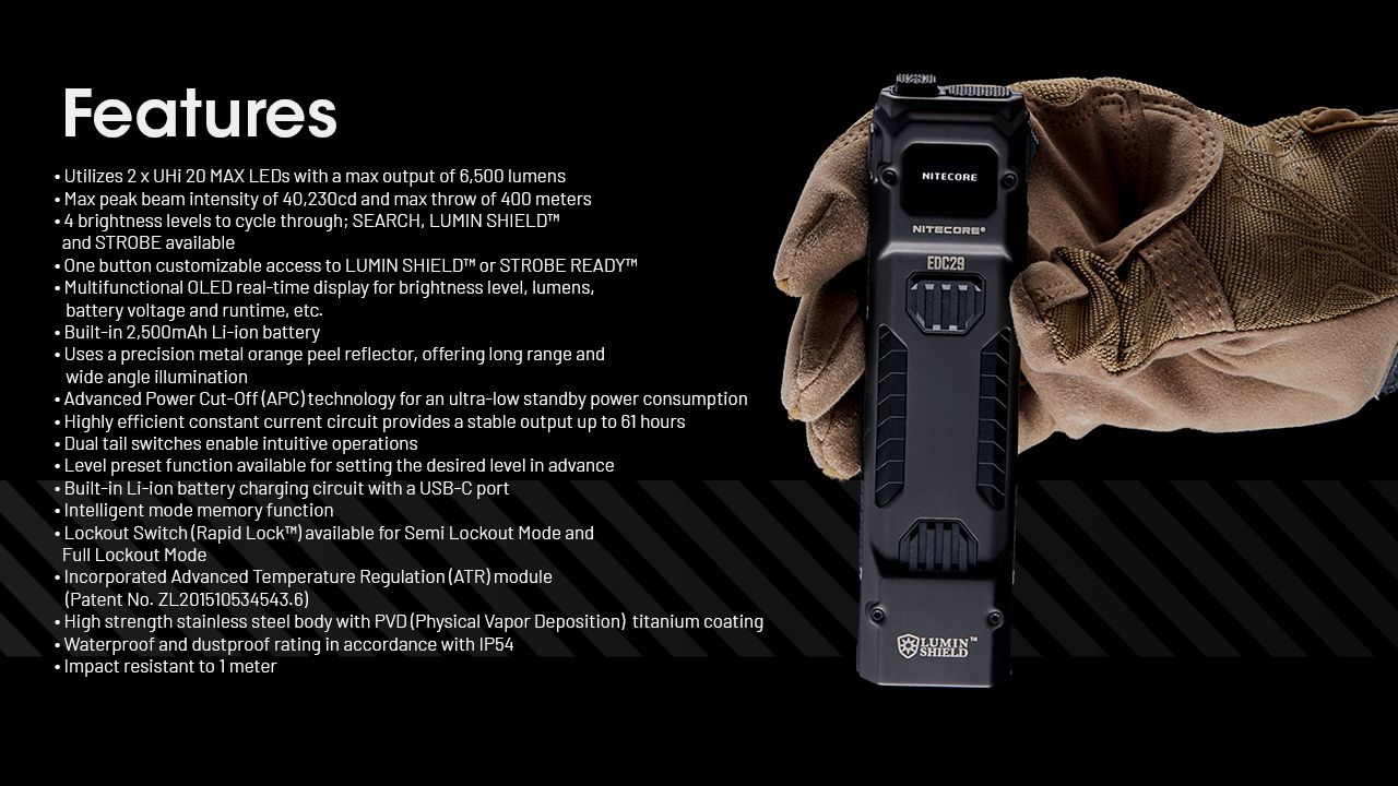 NITECORE EDC29: 6500 Lumenů USB-C Svítilna, Vysoká Svítivost, Multifunkční Lehká EDC Svítilna