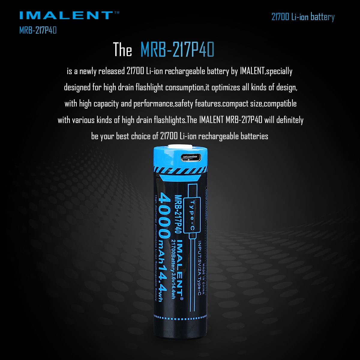 IMALENT MRB-217P40 Baterie 21700 4000mAh Dobíjecí Type-C | Vysoká Kapacita pro Svítilny Elektroniku