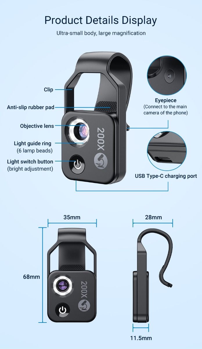 APEXEL 200x Zvětšení Objem Objektivu s CPL LED Světlem pro iPhone/Samsung – Přenosný Mikroskop pro Detailní Makro Foto