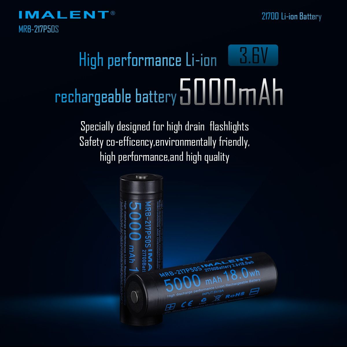 IMALENT MRB-217P50S: Vysokokapacitní dobíjecí Li-ion 21700 5000mAh pro LED svítilny.