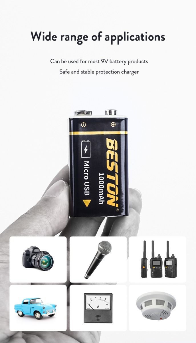 Beston 9V 1000mAh Micro USB dobíjecí baterie ekologický zdroj pro RC vrtulník, mikrofon a hračky