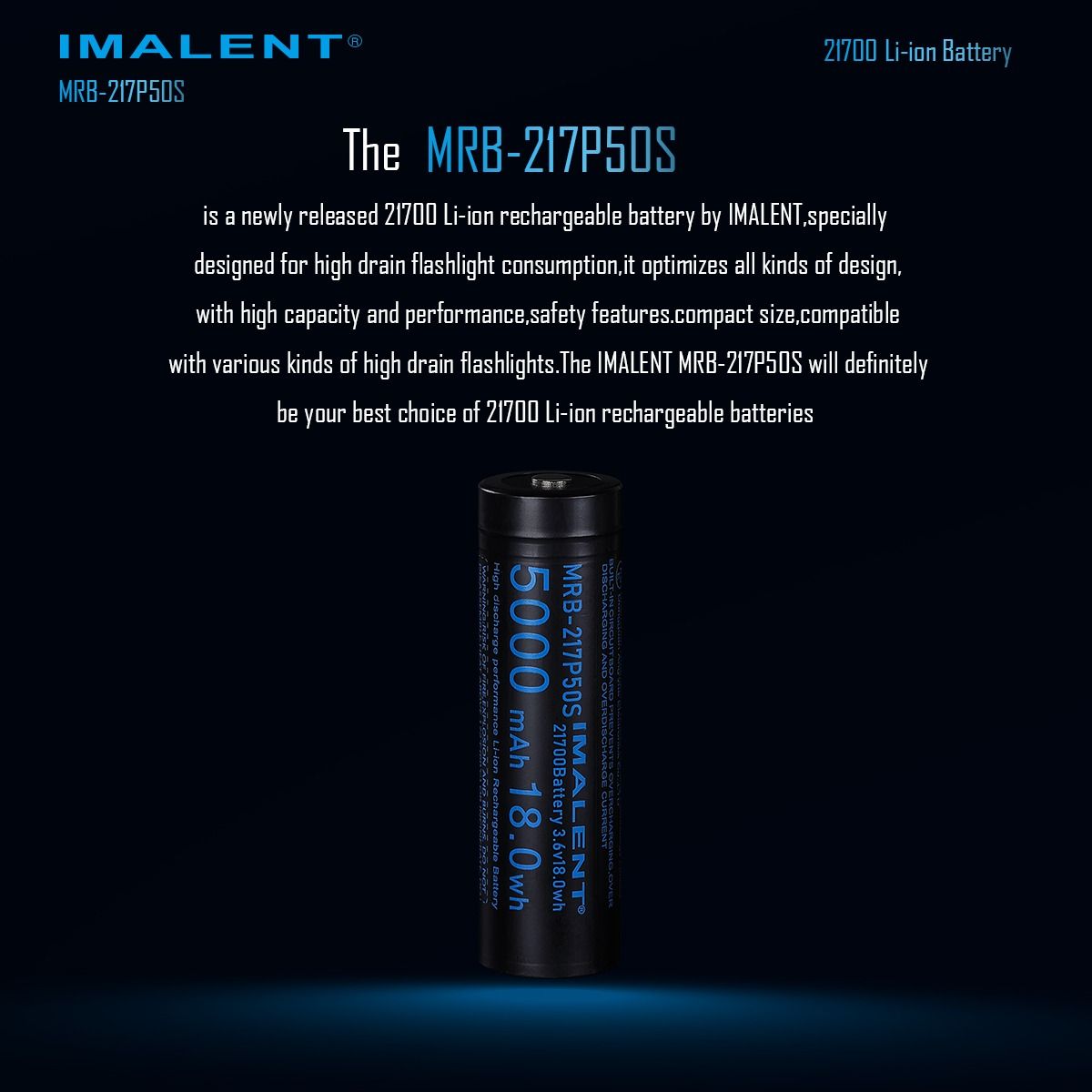IMALENT MRB-217P50S: Vysokokapacitní dobíjecí Li-ion 21700 5000mAh pro LED svítilny.