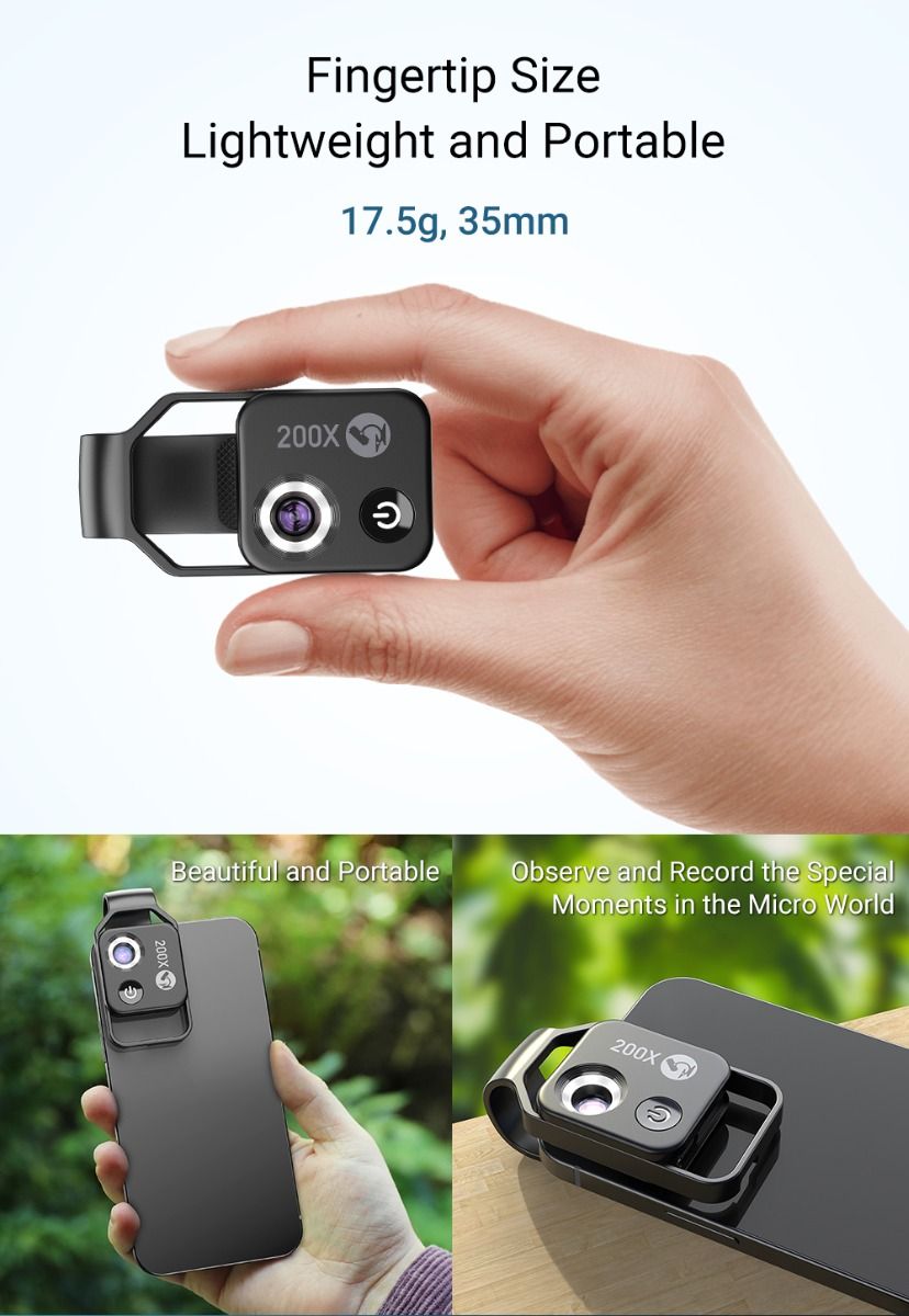 APEXEL 200x Zvětšení Objem Objektivu s CPL LED Světlem pro iPhone/Samsung – Přenosný Mikroskop pro Detailní Makro Foto