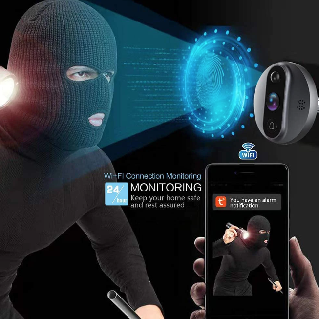Tuya Smart 1080P WiFi kukátková kamera s PIR, HD noční vidění, 120° úhel pro domácí bezpečnost