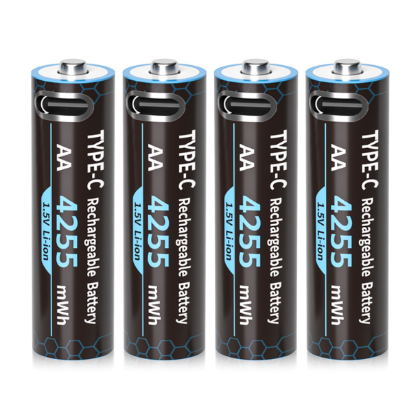 Sada 4 ks dobíjecích AA lithium baterií 1.5V/4255mWh, USB-C rychlé nabíjení pro hračky/ovladače.