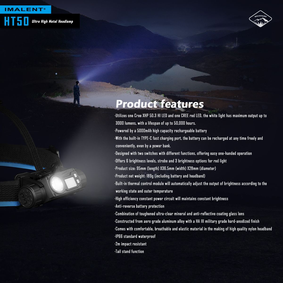 **IMLALENT HT50 Výkonná Čelovka LED | Dobíjecí Pro Dobrodružství | Vysoký Světelný Tok**