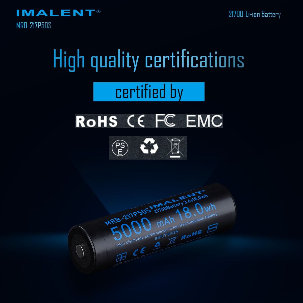 IMALENT MRB-217P50S: Vysokokapacitní dobíjecí Li-ion 21700 5000mAh pro LED svítilny.
