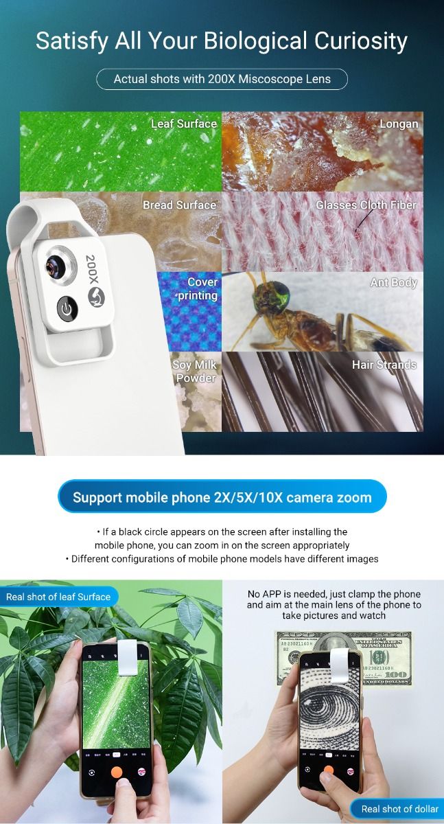 APEXEL 200x Zvětšení Objem Objektivu s CPL LED Světlem pro iPhone/Samsung – Přenosný Mikroskop pro Detailní Makro Foto