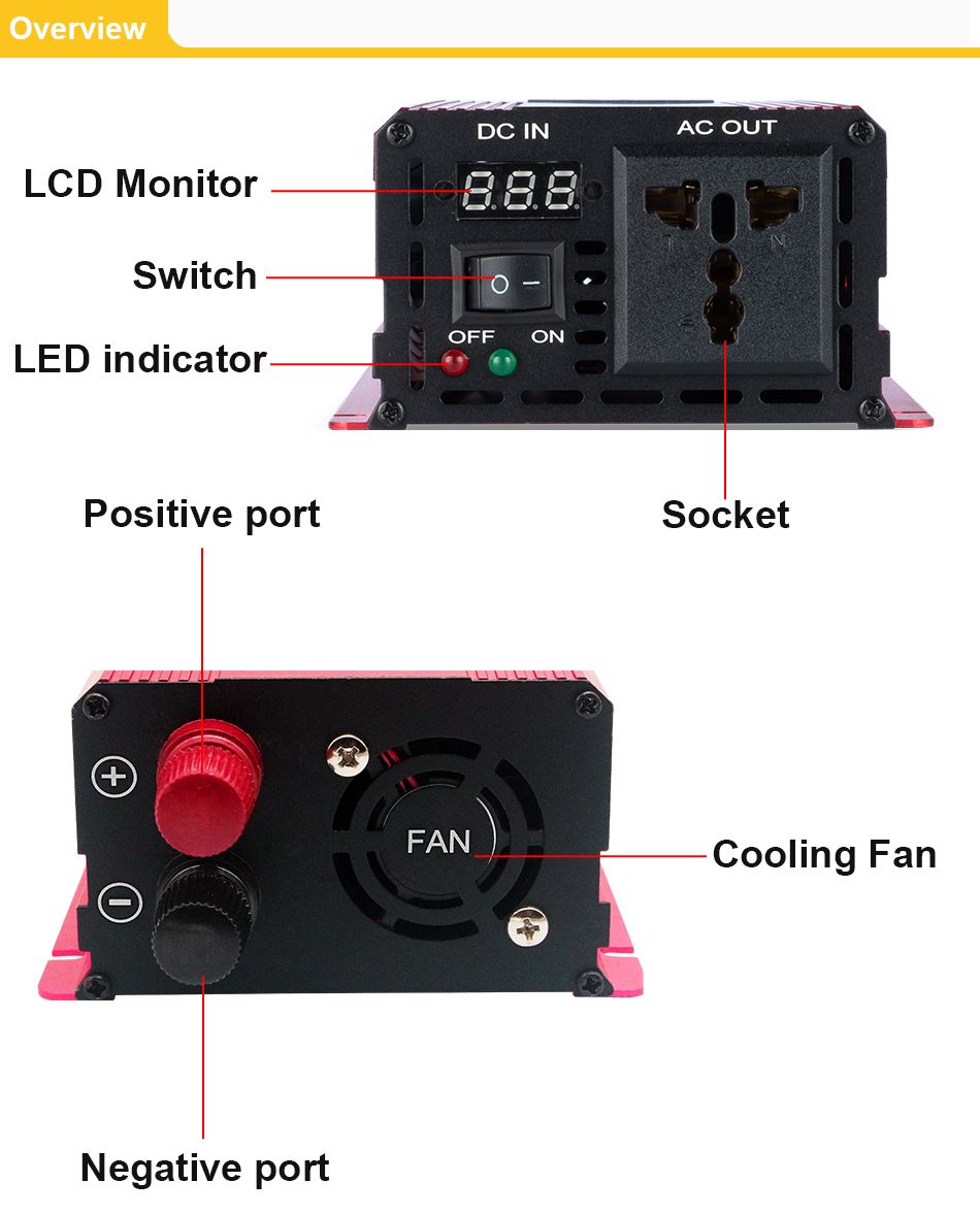Měnič čistého sinusového průběhu 3000W 2200W 1600W 1000W, odolný design z hliníku a hořčíku, vysoká účinnost, napájení pro kempování