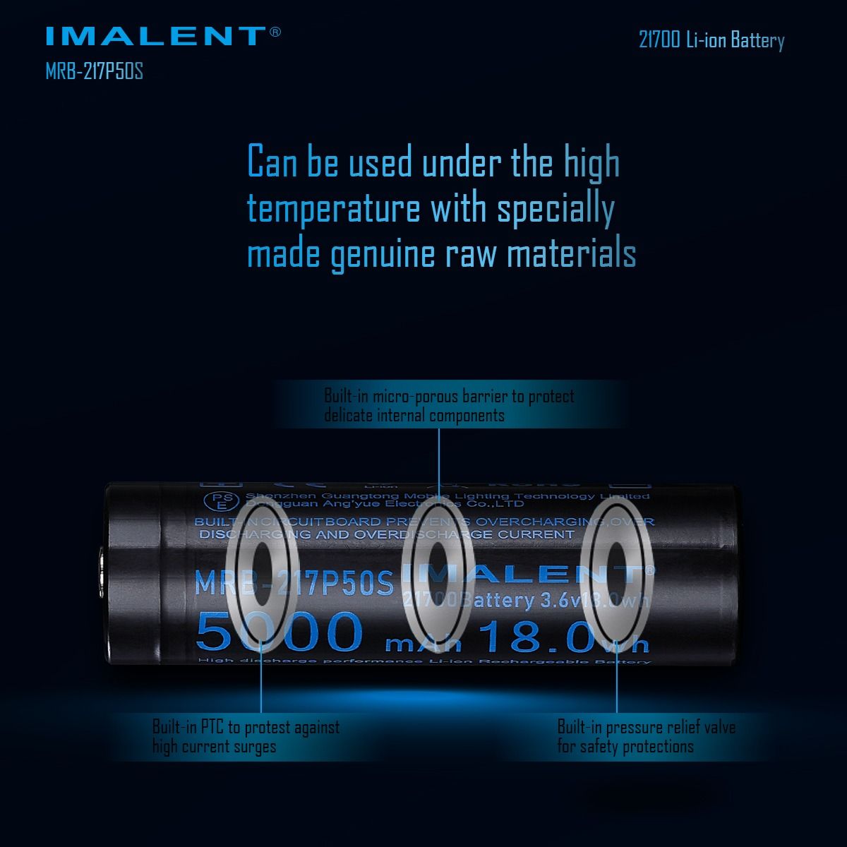 IMALENT MRB-217P50S: Vysokokapacitní dobíjecí Li-ion 21700 5000mAh pro LED svítilny.