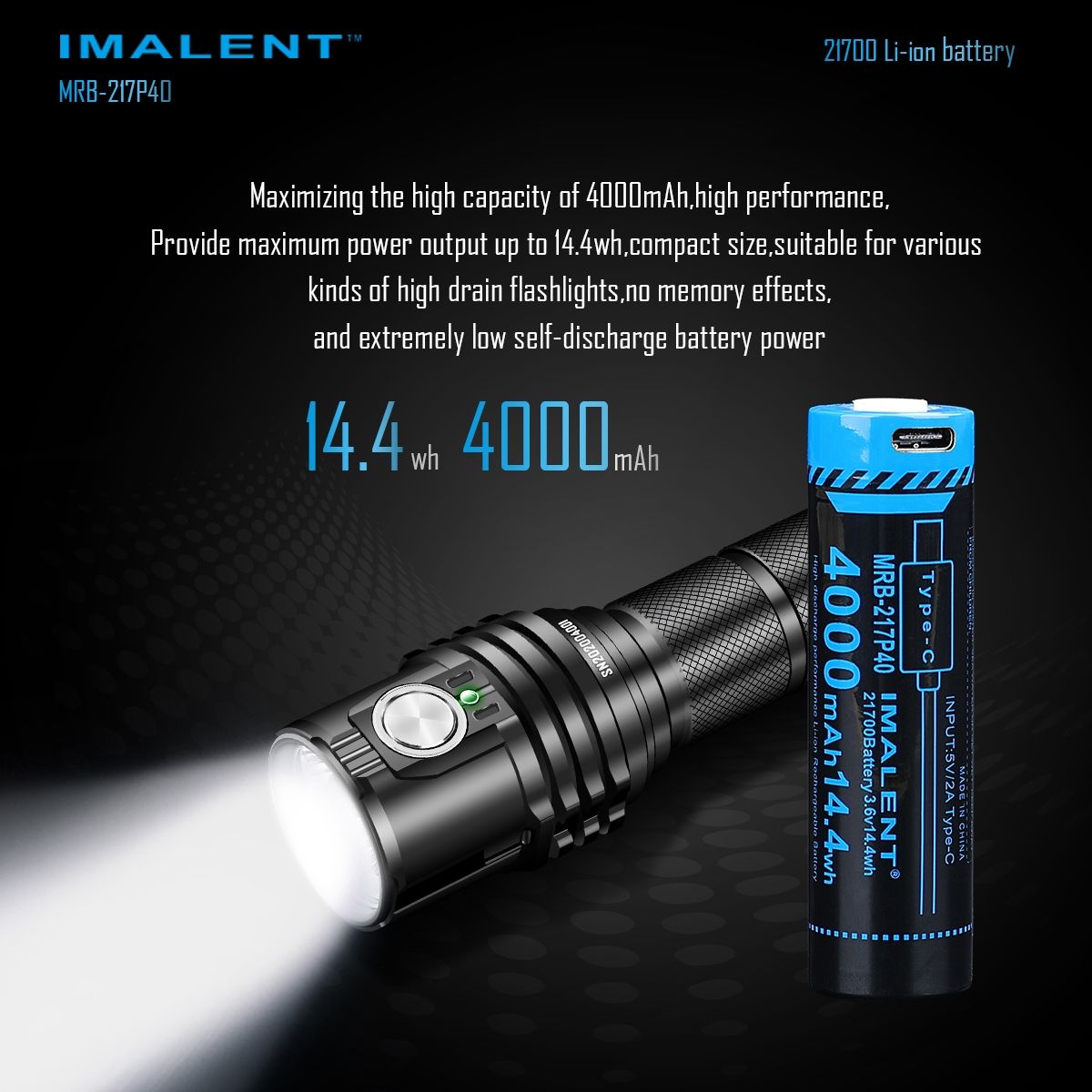 IMALENT MRB-217P40 Baterie 21700 4000mAh Dobíjecí Type-C | Vysoká Kapacita pro Svítilny Elektroniku
